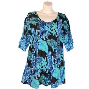 Rainbow-Jo Womens Medium Handmade Tunic Top Tropical Floral Vacation Beach Chic